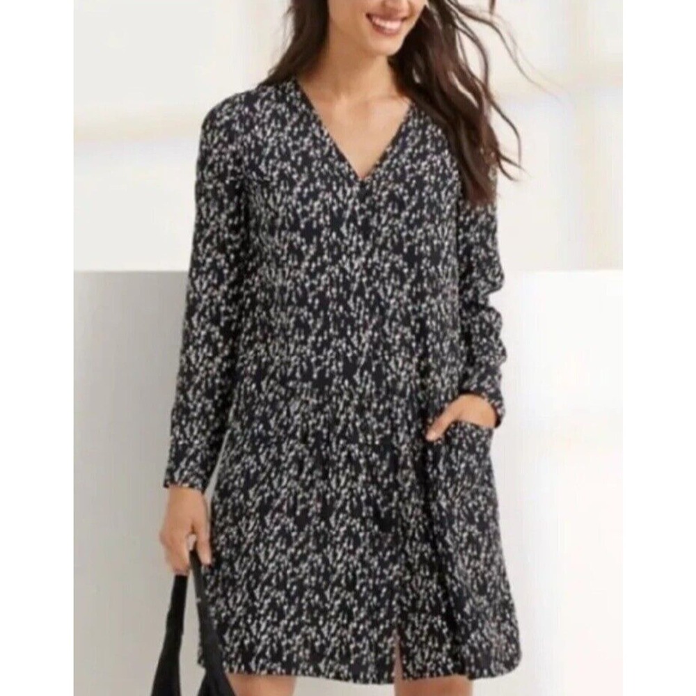 Garnet Hill Shirt Dress Women 4 Black White Floral Long Sleeve V-Neck Pockets